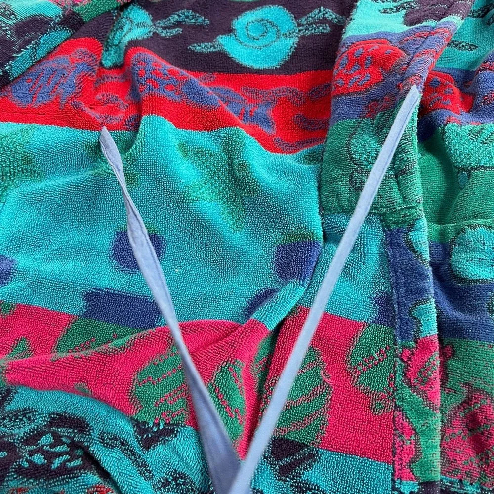 Vintage TJ Lawford Turkish‎ Cotton Terry Cloth Robe Colorful Print Belted Size S